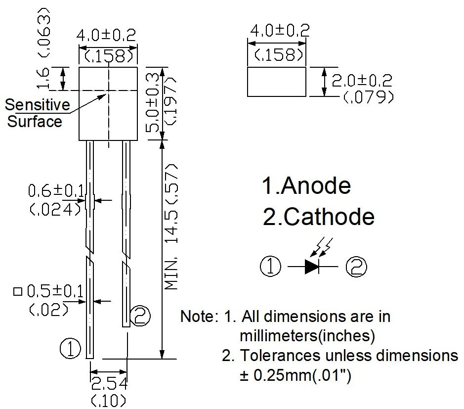 Fotodiode sensor rechthoek helder transparant PD452C afmetingen